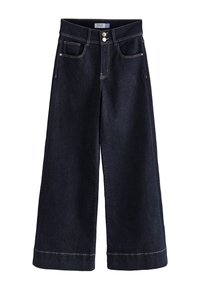 Tumesinised laiad teksapüksid, valmistatud teksariidest, kõrge värvliga, kahe eesmise taskuga, kuldse tooniga detailide ja kontrastse õmblustega õmblustel.