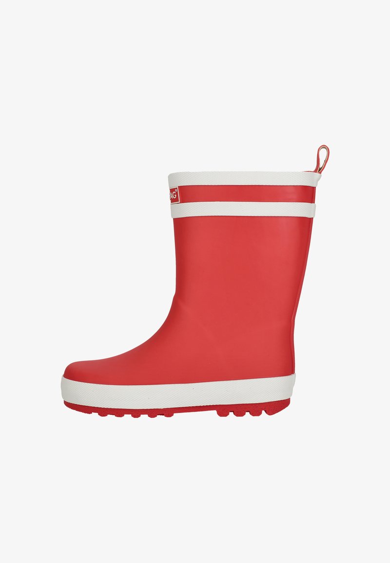 Red rubber rain boot with a white stripe around the top, round toe, textured sole, and a pull tab on the heel for easy wearing.