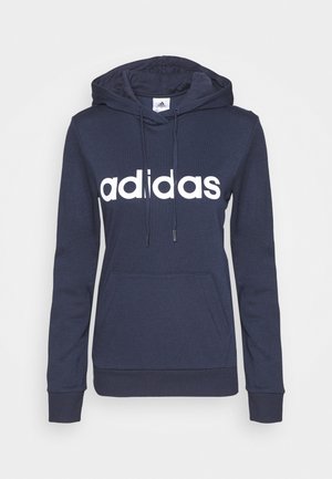 Navyblå Adidas hættetrøje med front-kængurulomme, justerbar snøre hætte og stort hvidt Adidas-logo på brystet.