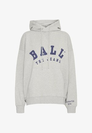 Szürke kapucnis pulóver, laza fazonban, amelyen kék nyomtatás található, felirattal: "BALL THE JEANS" és "ORIGINATED 1974" az ujjon.
