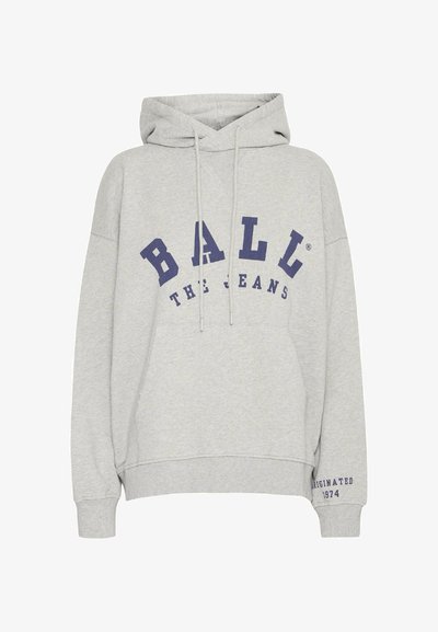 Sudadera con capucha gris de corte holgado, con un estampado en color marino que dice "BALL THE JEANS" y "ORIGINATED 1974" en la manga.