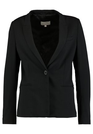 Blazer nero realizzato in tessuto liscio, con chiusura a singolo bottone, rever a punta e due tasche frontali, dalla vestibilità sartoriale.