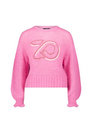 Pink knitted sweater with a round neckline, cropped design, and bell sleeves. Features a prominent logo in a contrasting color at the front.