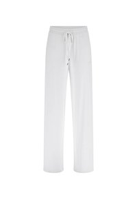 White, wide-leg trousers made of soft fabric. Features an elastic waistband with a drawstring and subtle embroidered detailing.