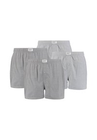 Boxers à carreaux gris en paquet de quatre, dotés d'une taille élastique et d'une fermeture à un bouton, fabriqués en tissu léger.