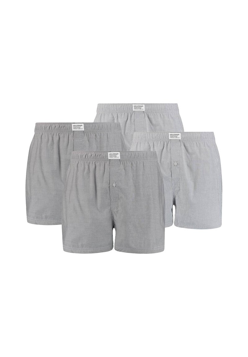 Boxers à carreaux gris en paquet de quatre, dotés d'une taille élastique et d'une fermeture à un bouton, fabriqués en tissu léger.