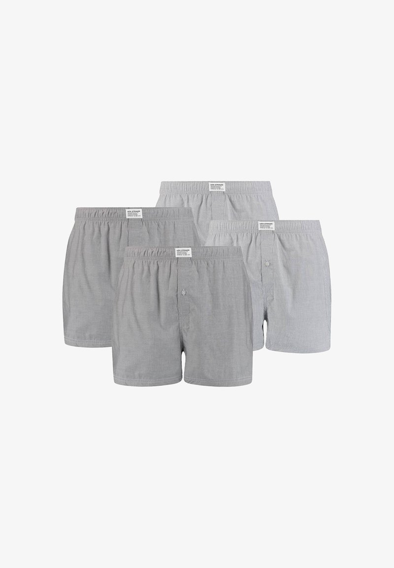 Boxers à carreaux gris en paquet de quatre, dotés d'une taille élastique et d'une fermeture à un bouton, fabriqués en tissu léger.