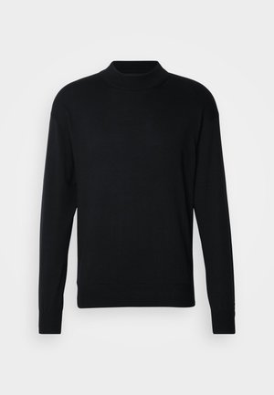Sort, langærmet turtleneck trøje i et glat strikstof. Har et tætsiddende design, ribbestrikket krave og manchetter. Ingen synlige mønstre eller detaljer.