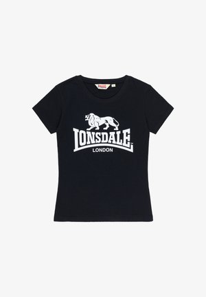 T-shirt noir à manches courtes avec logo blanc Lonsdale London et un graphisme de lion centré sur la poitrine.