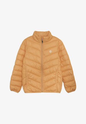 Puff-Jacke in Hellorange, mit hohem Kragen, Reißverschluss vorne und Zickzackmuster. Das Material wirkt glatt und leicht strukturiert.