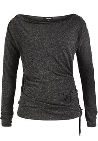 Long-sleeve black top made of textured fabric with an asymmetrical hem, featuring a gathered side detail and small decorative elements.