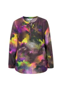 Vícebarevná blouse s dlouhými rukávy vyrobená z měkké tkaniny, se zaobleným výstřihem a detaily na zavázání, a abstraktním akvarelovým vzorem v purpurové, zelené a žluté barvě.
