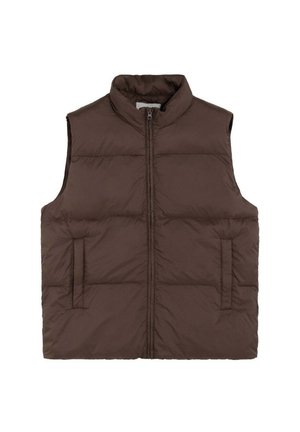 Chaleco marrón sin mangas acolchado con cremallera frontal y dos bolsillos laterales, diseñado para mantener el calor y para uso casual.