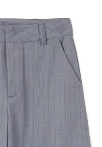 Grijze pinstripe broeken met een gestructureerde tailleband, zijzakken en nette stiksels. De stof heeft een fijne textuur en een gepast ontwerp.