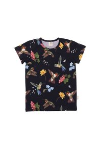 Short-sleeve black T-shirt featuring colorful hummingbird and floral patterns with a ribbed crew neck and soft cotton material.