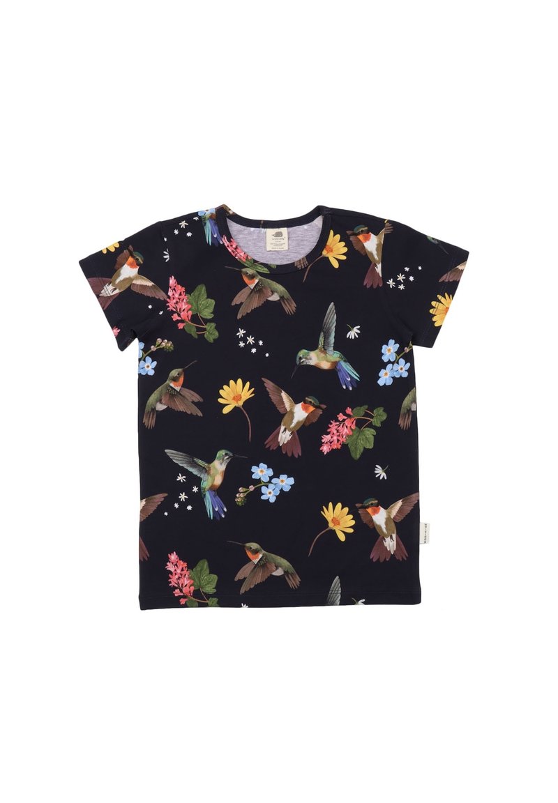 Short-sleeve black T-shirt featuring colorful hummingbird and floral patterns with a ribbed crew neck and soft cotton material.