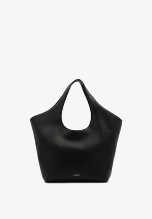 Mustan nahkainen olkalaukku, jossa on sileä pinta ja avoin yläpää. Ominaisuuksia ovat suuri aukko ja huomaamaton brändäys pohjassa.