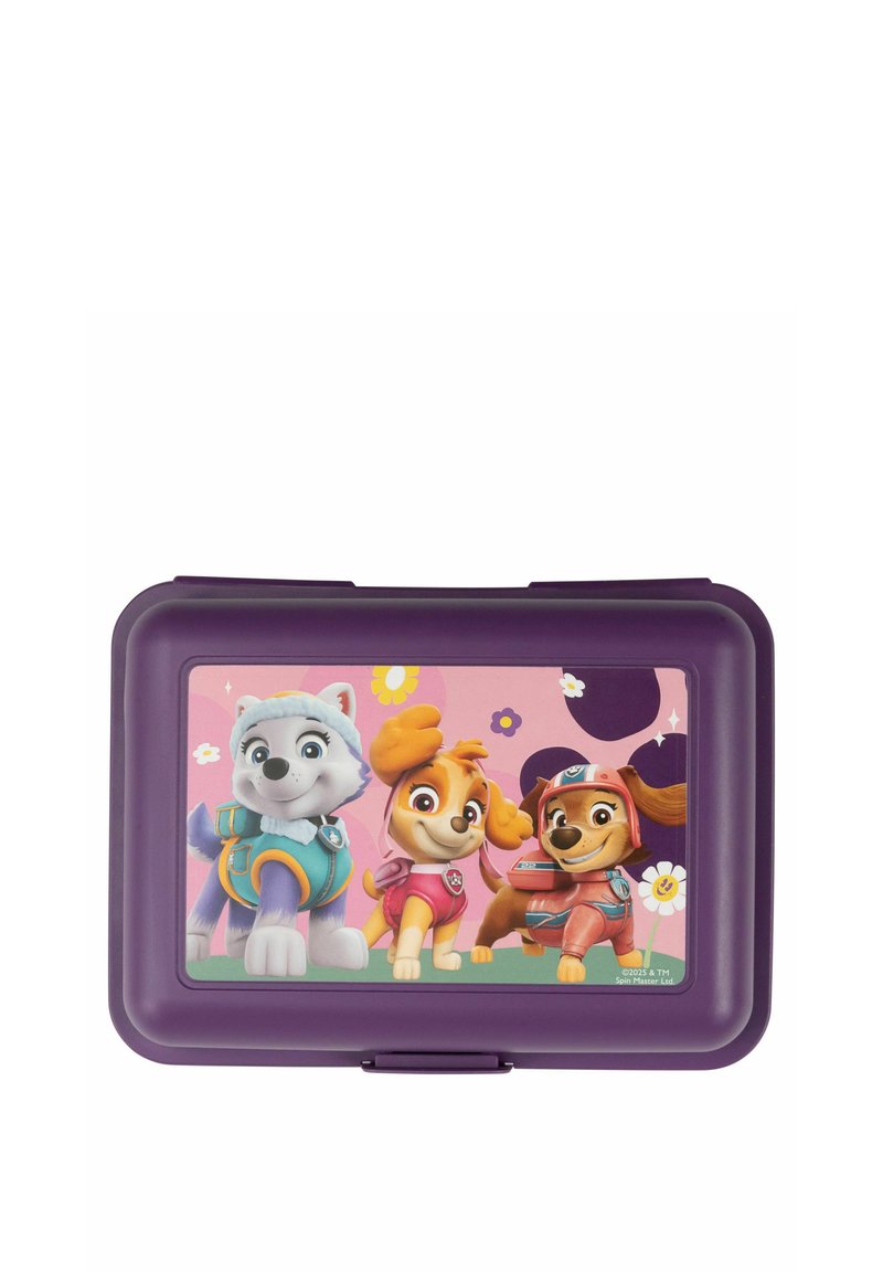 Una lunchbox viola con un design frontale che presenta tre personaggi di cani dei cartoni animati su uno sfondo rosa con motivi di fiori e cerchi.