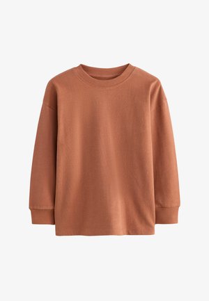 Rjav dolgi rokav sweatshirt iz mehkega bombaža. Ima rebrast ovratnik in manšete, sproščen kroj ter gladko teksturo.