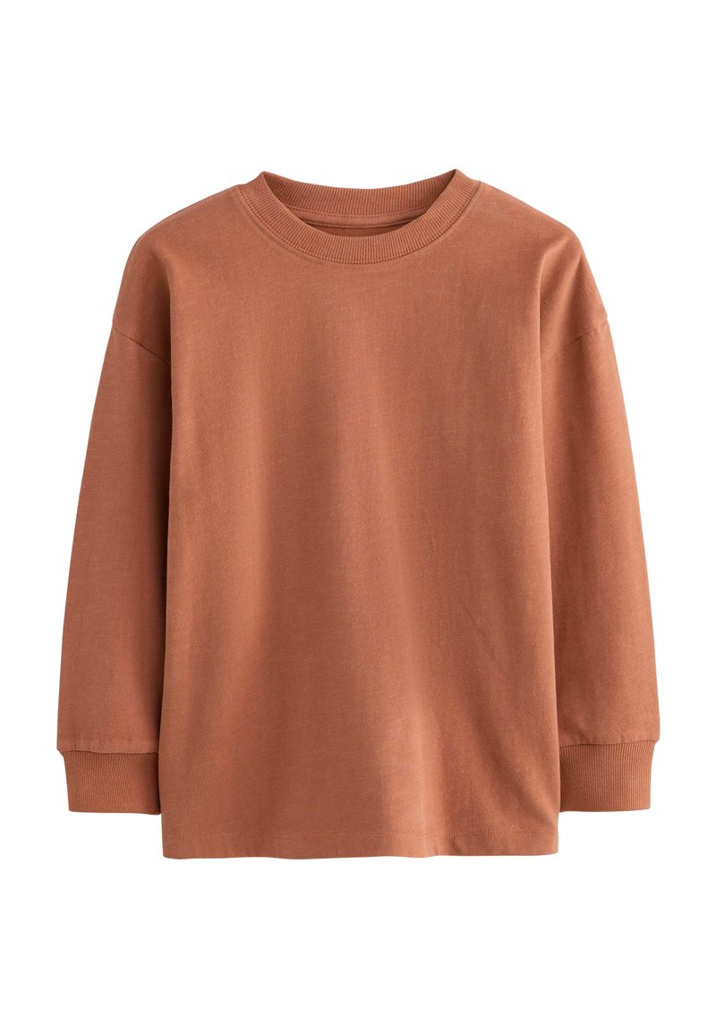 Brun langærmet sweatshirt lavet af blødt bomuld. Har en ribbet halsudskæring og manchetter, med en afslappet pasform og glat tekstur.