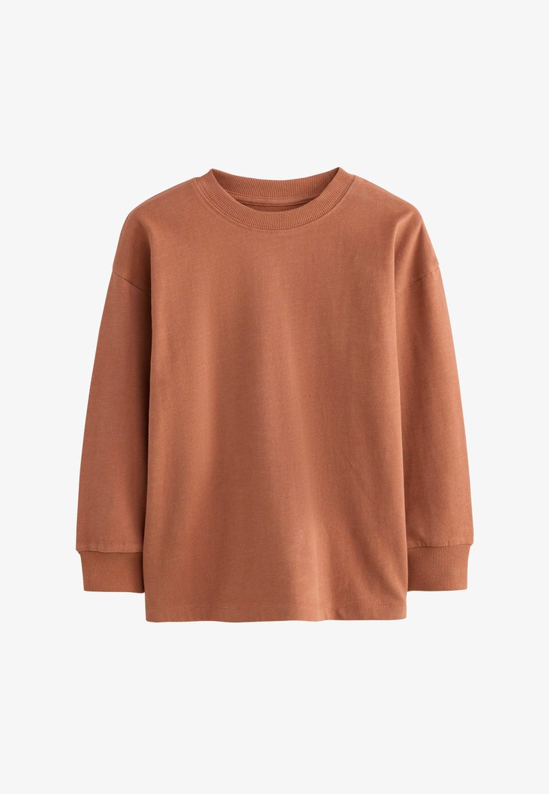 Brun langærmet sweatshirt lavet af blødt bomuld. Har en ribbet halsudskæring og manchetter, med en afslappet pasform og glat tekstur.