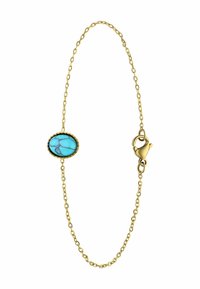 Gouden kettingarmband met een ovale turkooise steen met een gemarmerd patroon, beveiligd met een klemhaaksluiting.