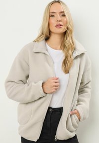 Giacca in pile grigia chiara con colletto alto, due tasche frontali e chiusura con zip. Texture morbida e vestibilità rilassata.