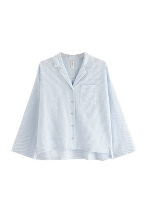 Light blue, striped button-up shirt with wide sleeves, a chest pocket, and a relaxed fit, made from a textured fabric.