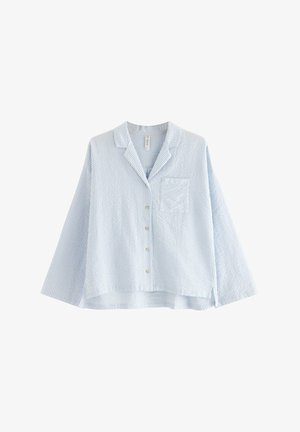 Lichtblauwe, gestreepte button-up shirt met brede mouwen, een borstzak en een relaxte pasvorm, gemaakt van een gestructureerde stof.