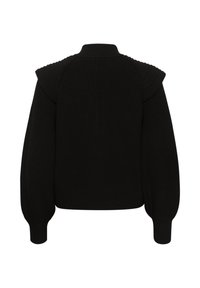 Pull noir en tricot avec un col haut, des accents d'épaules rembourrées et des poignets et un ourlet côtelés. Tissu texturé avec une silhouette ajustée.