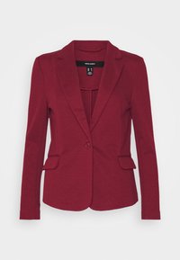Blazer borgogna con colletto a punte, due tasche frontali, chiusura con un bottone e maniche lunghe, realizzato in un tessuto texturizzato.