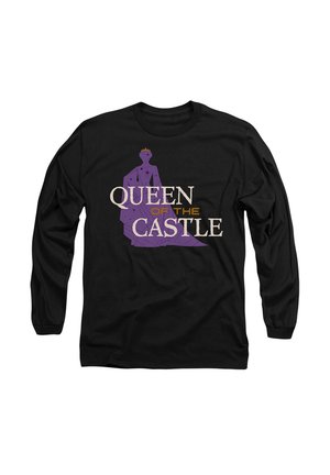 Black long-sleeve shirt featuring purple silhouette with a crown and the text "QUEEN OF THE CASTLE" in white and gold. Smooth fabric texture.