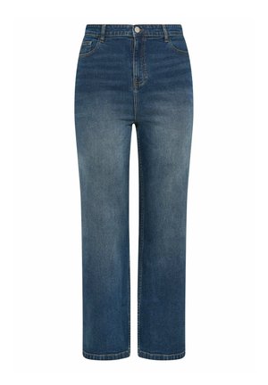 Blå denimjeans med høj talje og lige ben, frontlukning med knapper og lynlås, lommer foran og bagpå samt subtile falmede detaljer.