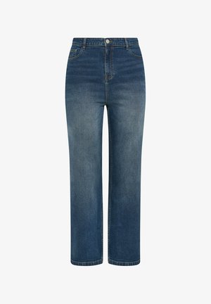 Dżinsy w niebieskim kolorze, proste nogawki, z wysokim stanem, zapinane z przodu na guziki i suwak, z kieszeniami z przodu i z tyłu, z delikatnym efektem wyblaknięcia.