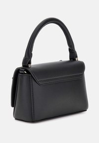 Black synthetic leather handbag with a structured design, flat top, single handle, and subtle stitching details.