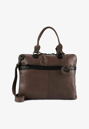 Borsa tote in pelle marrone con un dettaglio nero con cerniera sulla parte superiore, dotata di manici corti, tracolla removibile e un'etichetta circolare con ancora.