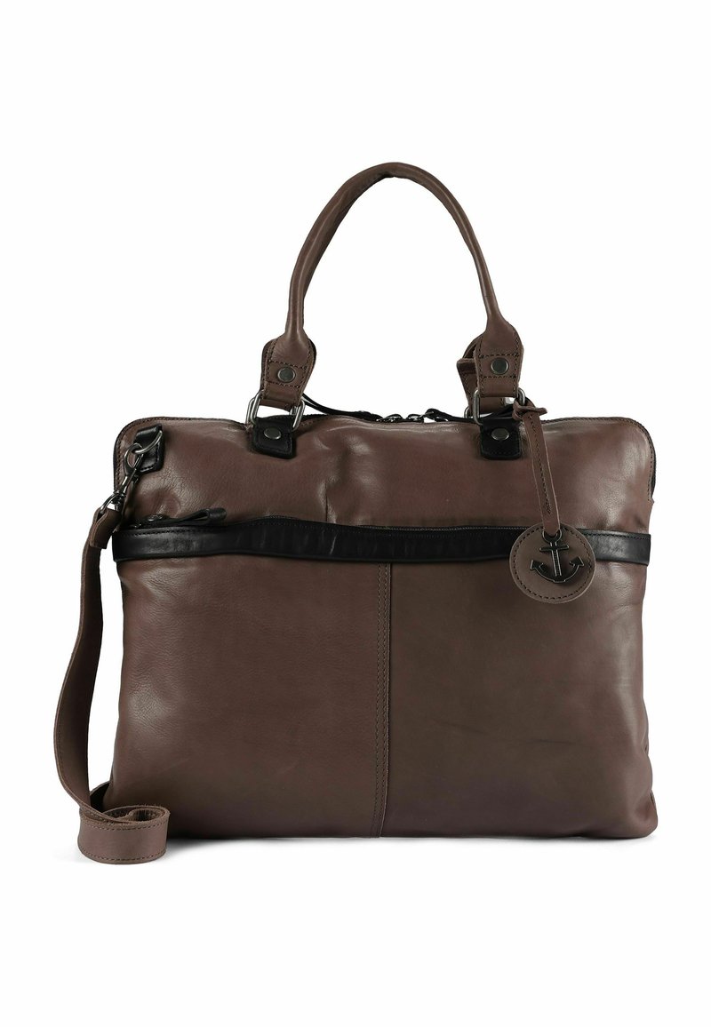 Bruine leren shopper met een zwarte ritssluiting aan de bovenkant, voorzien van korte handvatten, een afneembare schouderriem en een ronde ankerhanger.