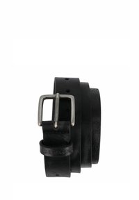 Schwarzer Leder Gürtel mit einer silbernen Metallschnalle. Verfügt über mehrere Löcher für eine verstellbare Passform. Glatte Textur und einfaches, klassisches Design.