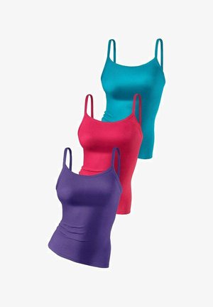 Pack de trois camisoles côtelées en turquoise, rose et violet. Chacune a des bretelles fines et un design ajusté pour un fit serré.