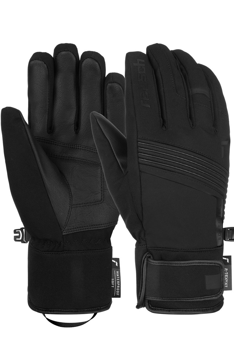 Schwarze Skihandschuhe aus einer Mischung von Leder und Softshell-Material, mit enger Passform, verstellbaren Bündchen und strukturiertem Griffdesign.
