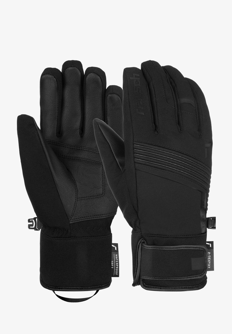 Schwarze Skihandschuhe aus einer Mischung von Leder und Softshell-Material, mit enger Passform, verstellbaren Bündchen und strukturiertem Griffdesign.