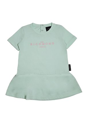 Vestito corto per bambini a maniche corte di colore verde chiaro con scritta rosa "John Richmond London" e bottoni automatici sul retro del collo.