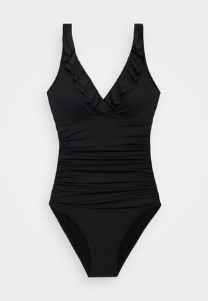 Musta yksiosainen uimapuku, jossa on V-aukko, röyhelökoristeet kauluksessa, rypytetty pinta ja klassinen korkealle leikattu lahje.