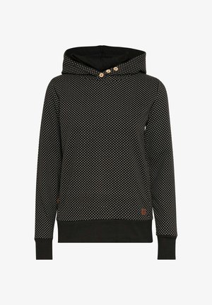 Melnā kapuce ar baltām punktiņām, kurai ir aukla, trīs pogu aizdare, ribotie piedurkņu gali un apakšmalā ar teksturētu apdari.