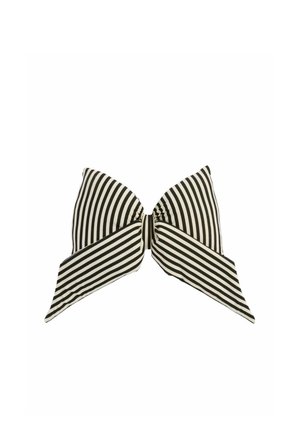 Black and white striped fabric bow with wide tails and a knot in the center against a white background.