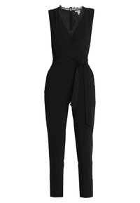 Gioco nero con un design avvolgente, scollatura a V, bordo in pizzo e una cintura legata in vita. Vestibilità sartoriale con gambe slim e texture del tessuto liscia.