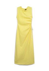 Gelbes ärmelloses Kleid mit rundem Ausschnitt und seitlichen Raffungen; ausgestattet mit einem weißen Kordelzug für eine verstellbare Passform und glattem, leichtem Stoff.