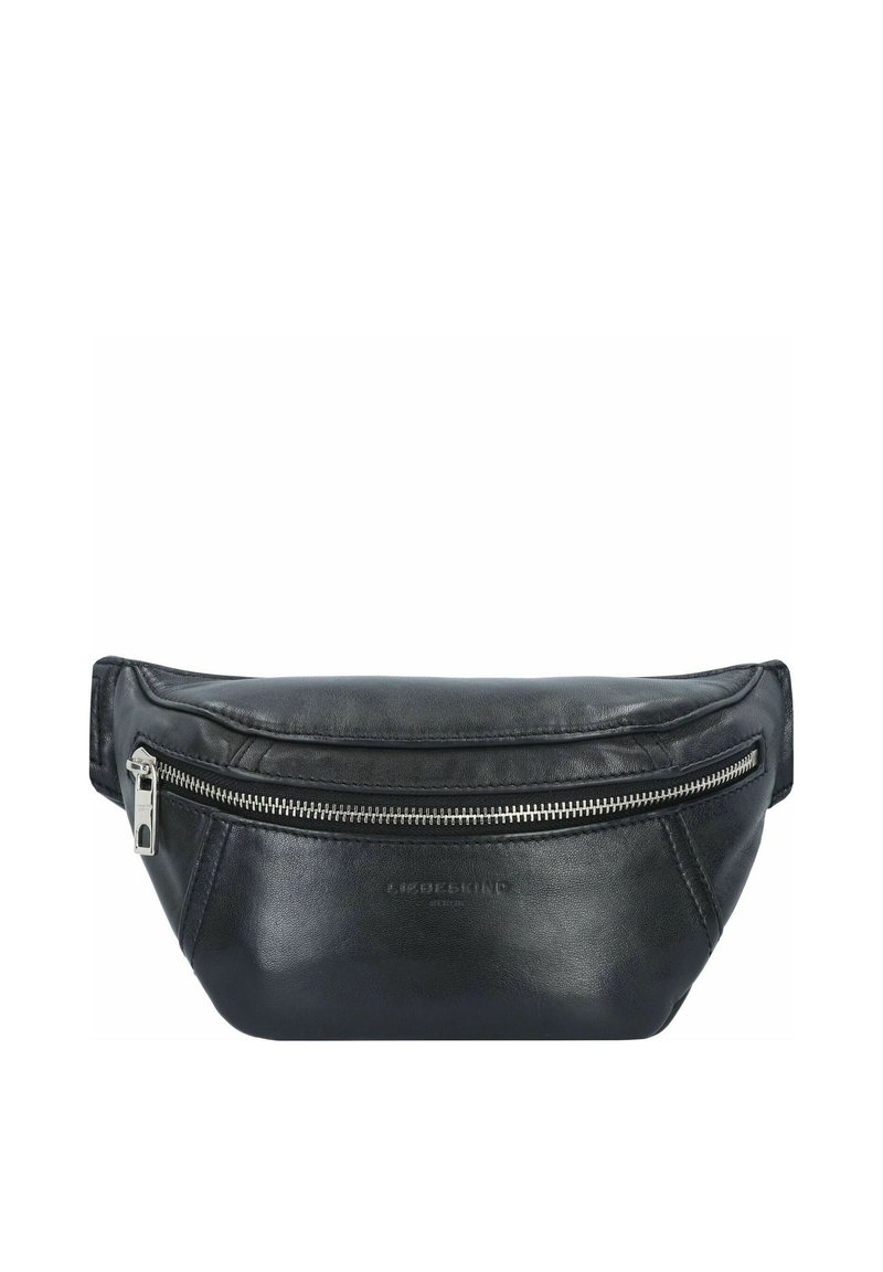 Schwarze Leder-Bauchtasche mit glatter Oberfläche, Reißverschluss und einem eleganten, abgerundeten Design. Verfügt über dezente Markenkennzeichnung auf der Vorderseite.