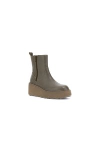 Botine verzi din piele, cu fermoar lateral, talpă platformă, vârf rotunjit și buclă în spate pentru o îmbrăcare ușoară. Textura netedă.
