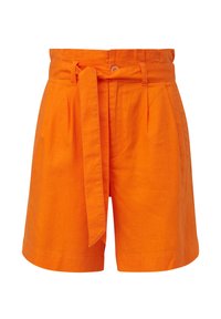 Oranžové lněné šortky s širokým pasem, poutky na opasek a odnímatelným uvázaným opaskem. Obsahují přední sklady a boční kapsy.